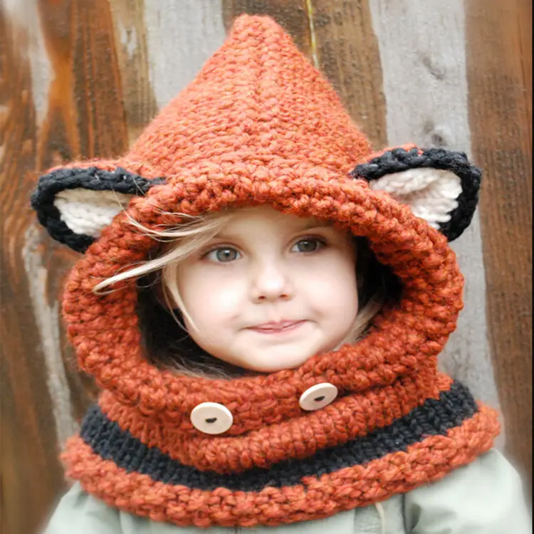Lindo orejas de zorro patrón de punto sombrero de moda bebé niños con capucha chal tapa
