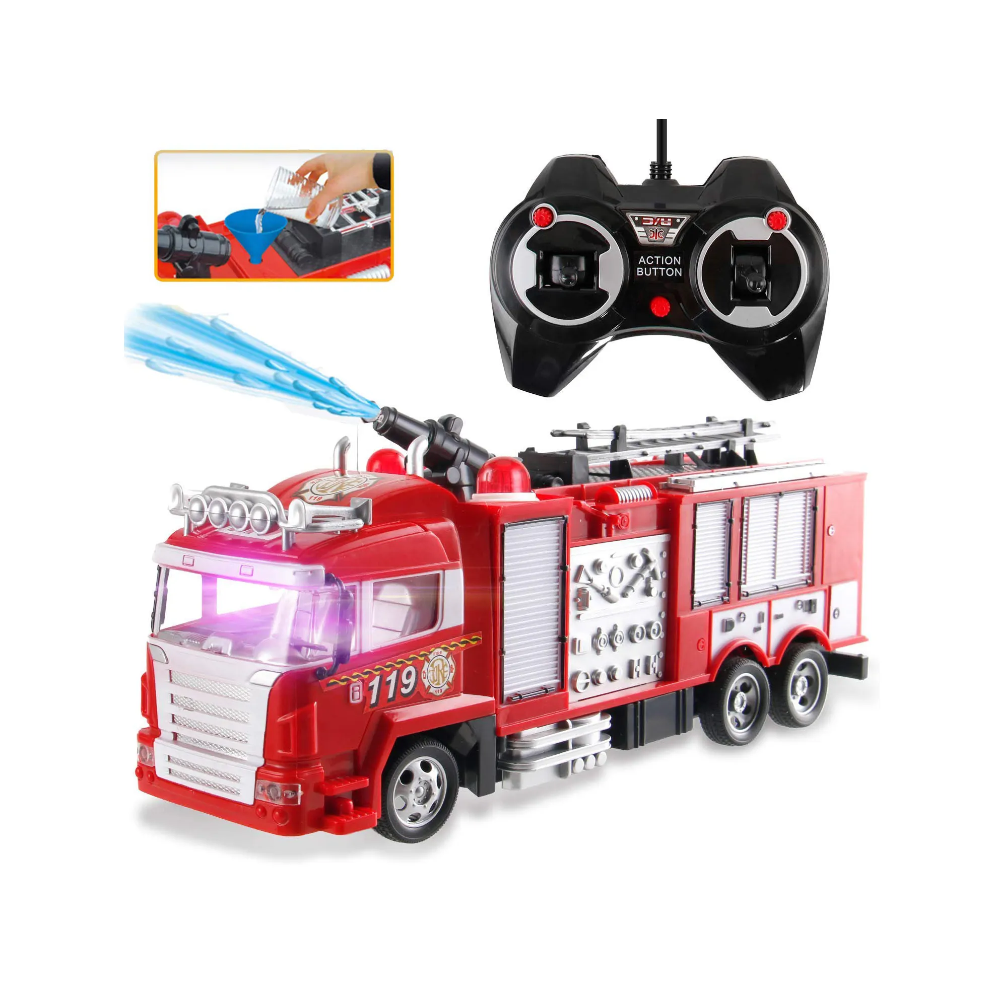 R/C Rescue Fire Engine Toy Truck - Radio Control RC Fire Truck with Working Water Pump Shoots and Squirts Water