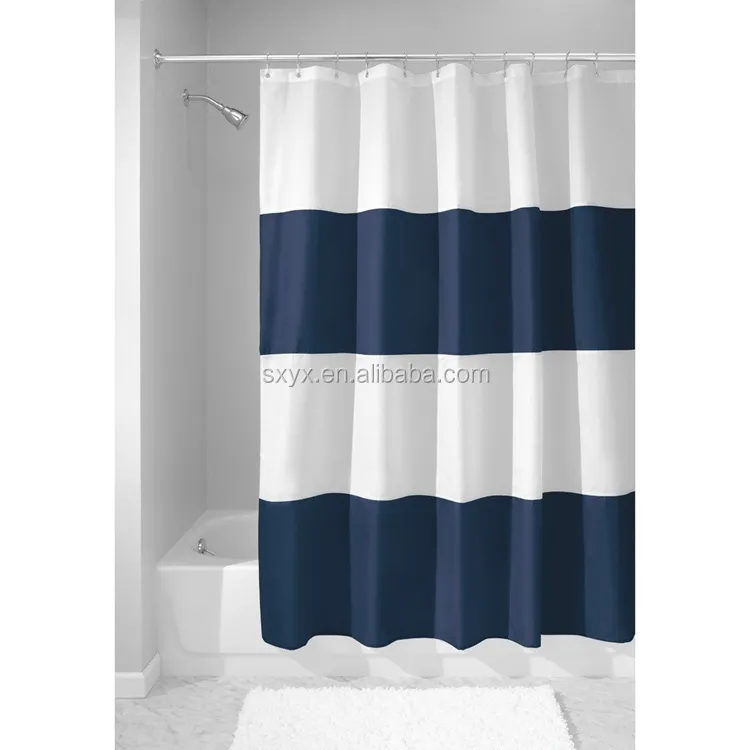 Cortina de Chuveiro por atacado Listras Horizontais de Tecido À Prova de Água de Poliéster Cortina de Chuveiro Do Banheiro Cortinas 72x72-Navy & Branco