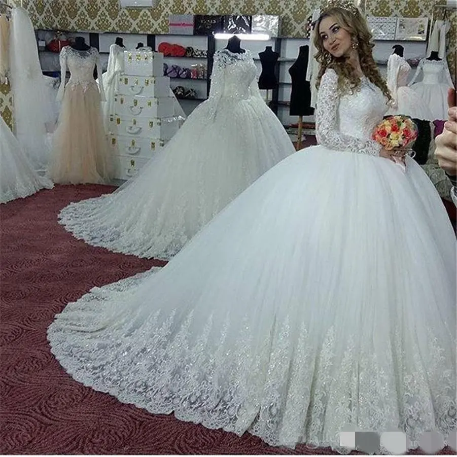 Vestidos de novia de manga larga para mujer, ropa de encaje árabe con apliques hinchables con cuentas, talla grande personalizada, Blanco musulmán, MWA357