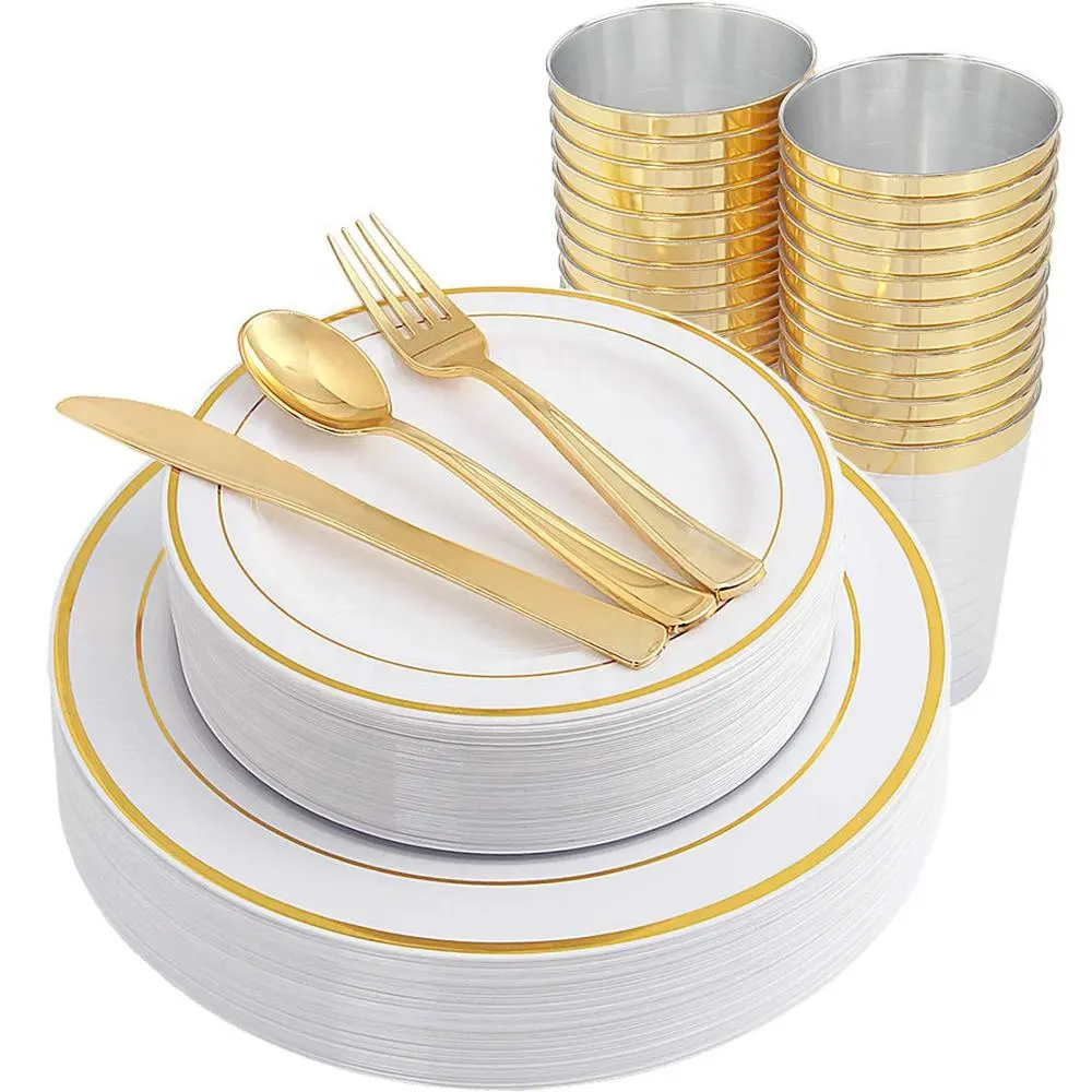 Altın Plastik Parti Plakaları ve Plastik Gümüş ve Altın Bardak 150 combo Premium Tek Kullanımlık Yemek Takımı