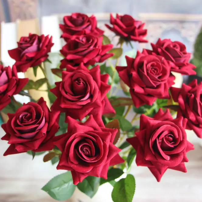 Rosa de veludo artificial vermelho, decoração de casamento, flor falsa com haste única