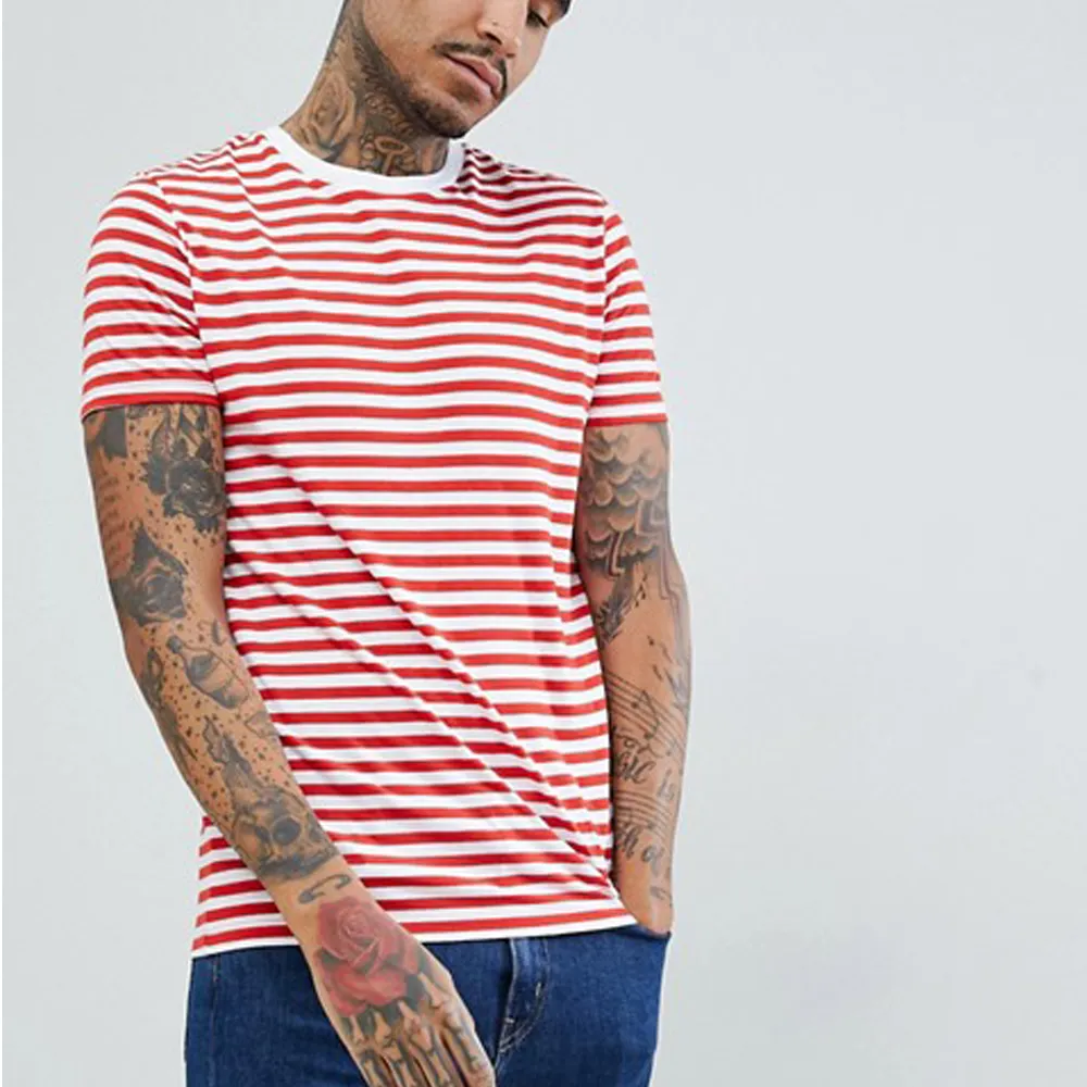Yanlu Clothing Custom High Quality 100%Cotton White And Red striped scoop tshirt Slim Fit Scoop Man Tshirt