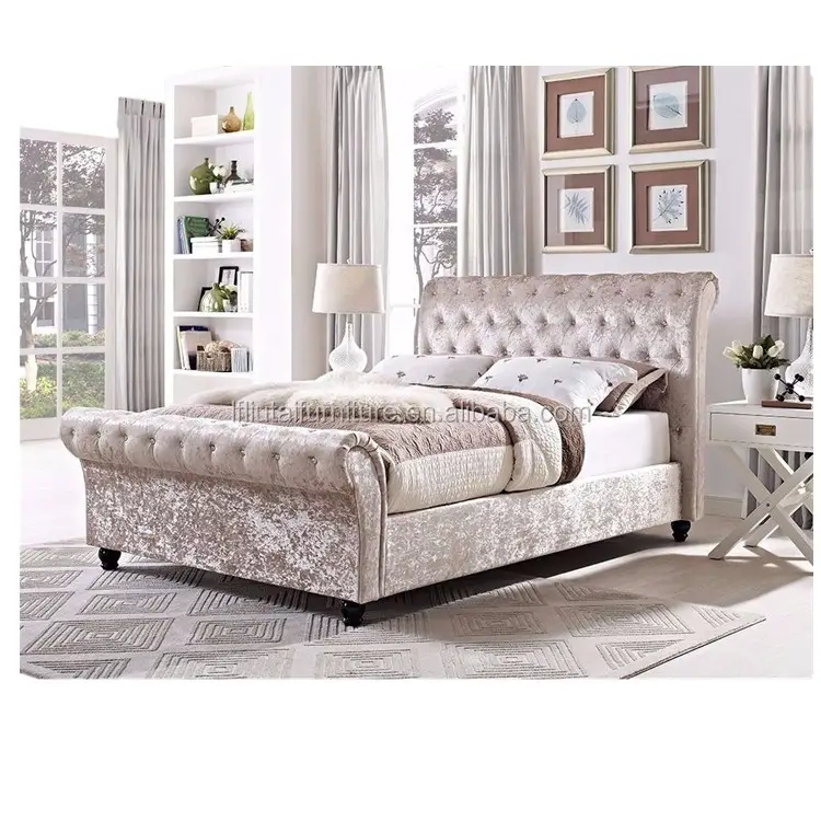 Beautiful Crushed Velvet Sleigh Bed with Diamante - Choice of colours available