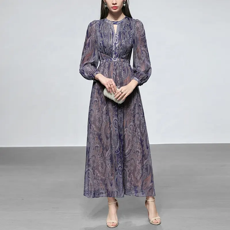 OEM mujeres moda gasa Retro etiqueta personalizada Vintage impreso Maxi vestidos