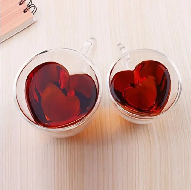 Tazas de té de vidrio recicladas en forma de corazón, doble pared, transparente, con mango, para amantes del café, té de la tarde, doble capa