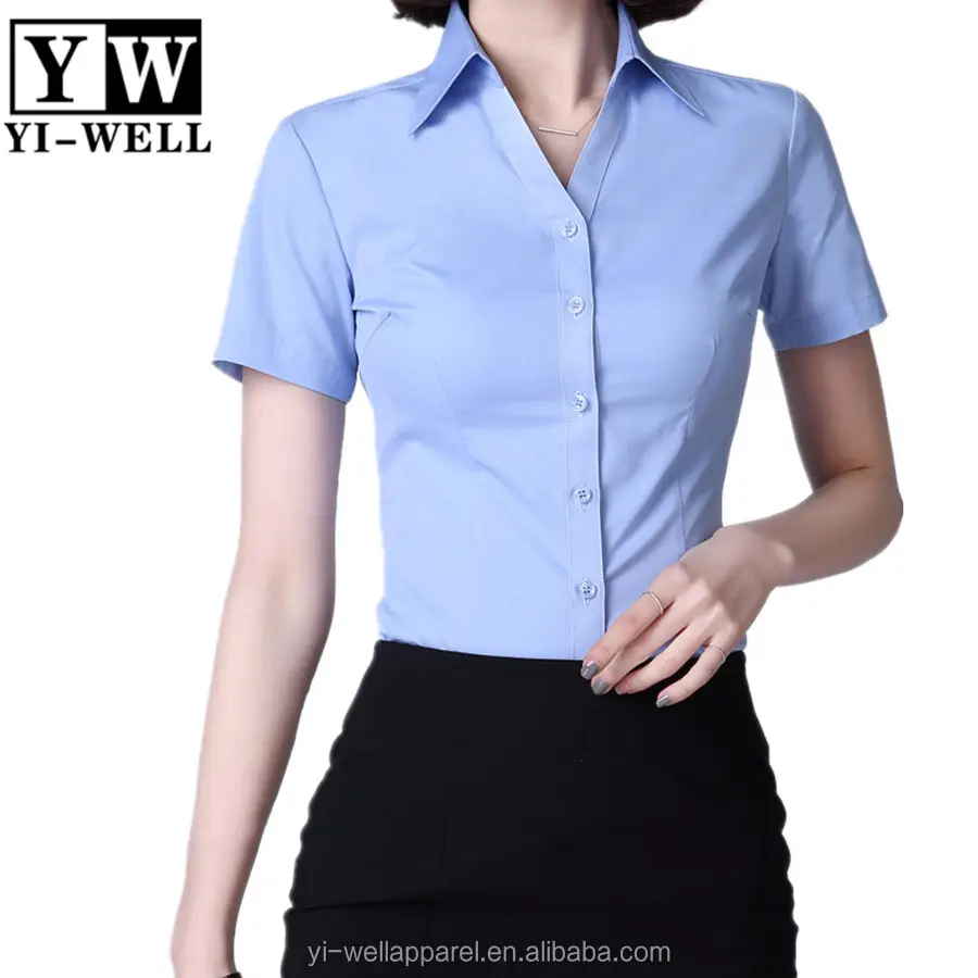 Camisa fina azul claro, uniforme de escritório para mulheres camisa formal