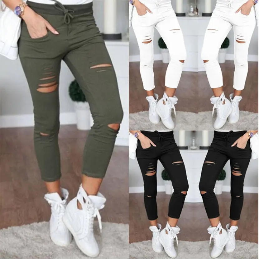 Women cotton Skinny Ripped Holes White Jeans Pants High Waist Stretch Slim Pencil Trousers Plus size
