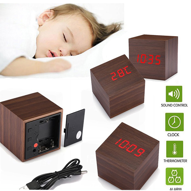 Zogift Holz Holz <span class=keywords><strong>Cube</strong></span> Digitale LED-Licht Schreibtisch Reise Stummwecker USB/AAA <span class=keywords><strong>Timer</strong></span> Temperatur Snooze Stimme Klang Control