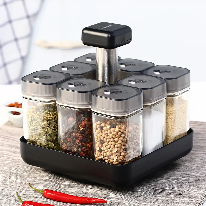 9 vasi spice rack set rotante di stoccaggio condimento pepe bottiglia di vetro spezia vaso di vetro set