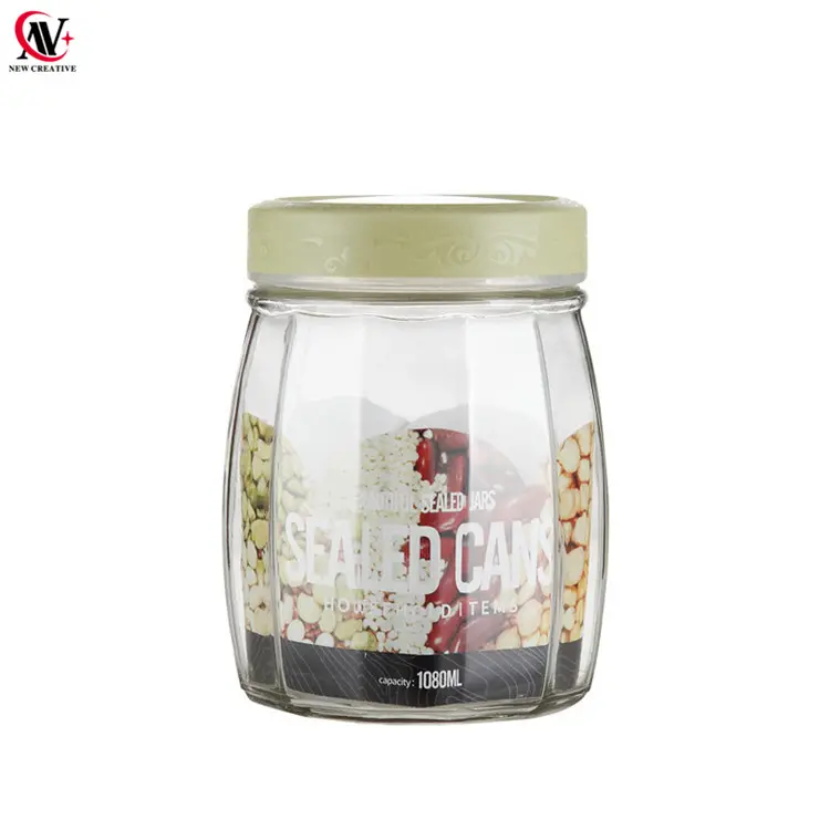 Innovative Design Plastic deep groove food storage container glass airtight jar 1.08L