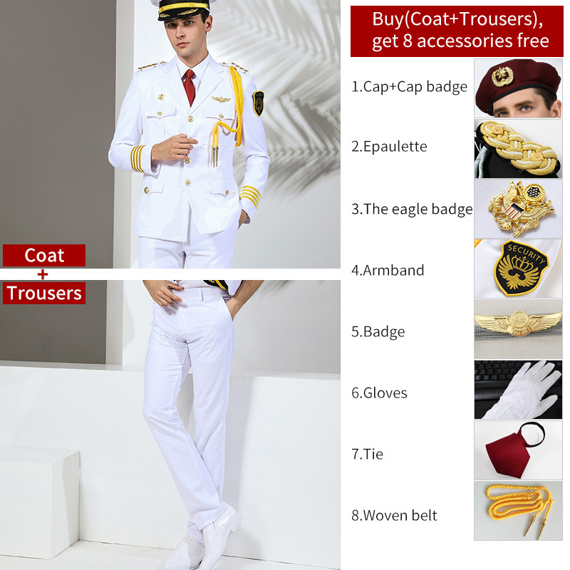 Costume uniforme blanc + béret + Badge 3 + 6 accessoires