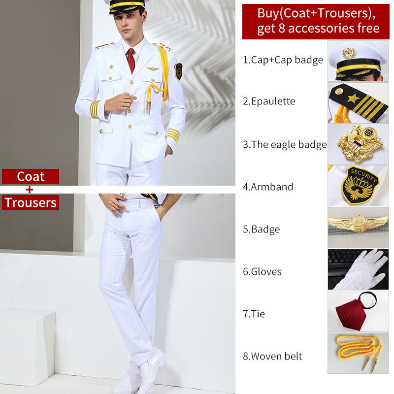Costume uniforme blanc + casquette blanche + badge 2 + 6 accessoires