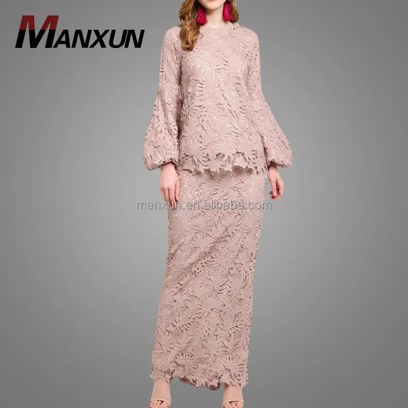 Phụ Nữ Ren Màu Hồng Baju Kurung Hiện Đại Malaysia Hồi Giáo Abaya Quần Áo Phụ Nữ Mặc