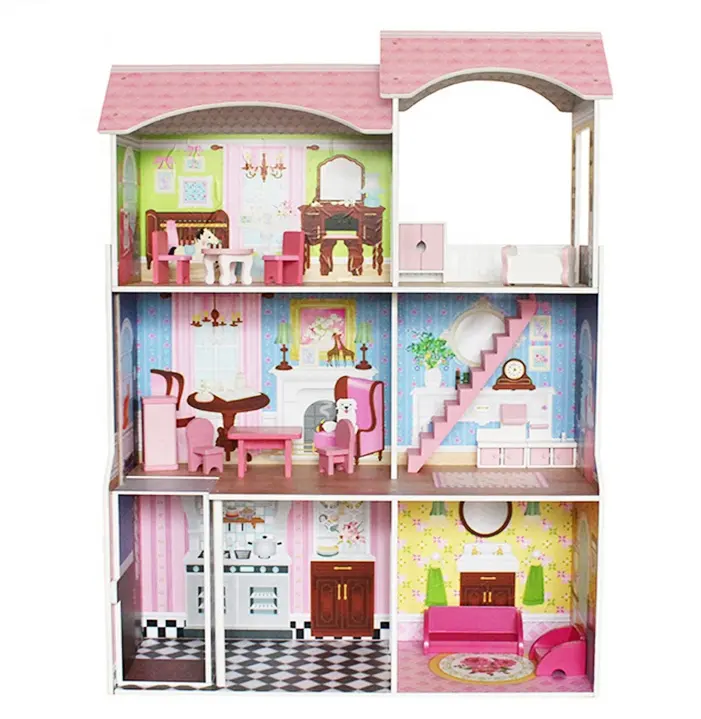 WEIFU novo design de jogos do bebê rosa piso de madeira casa de bonecas em miniatura para 12 bonecas polegadas