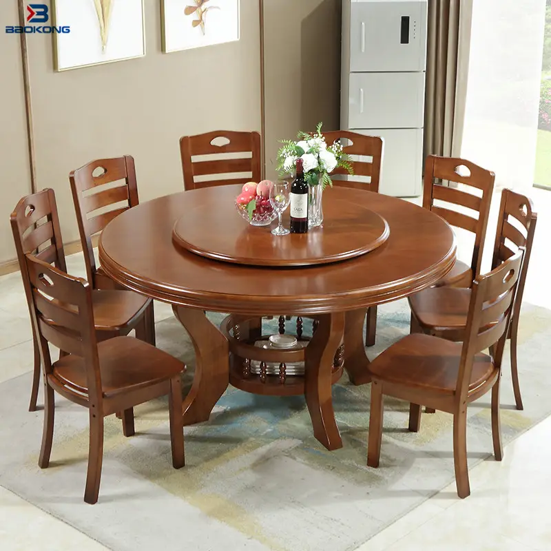 8 Seat Wooden Rotating Dining Round Table And Chair Set