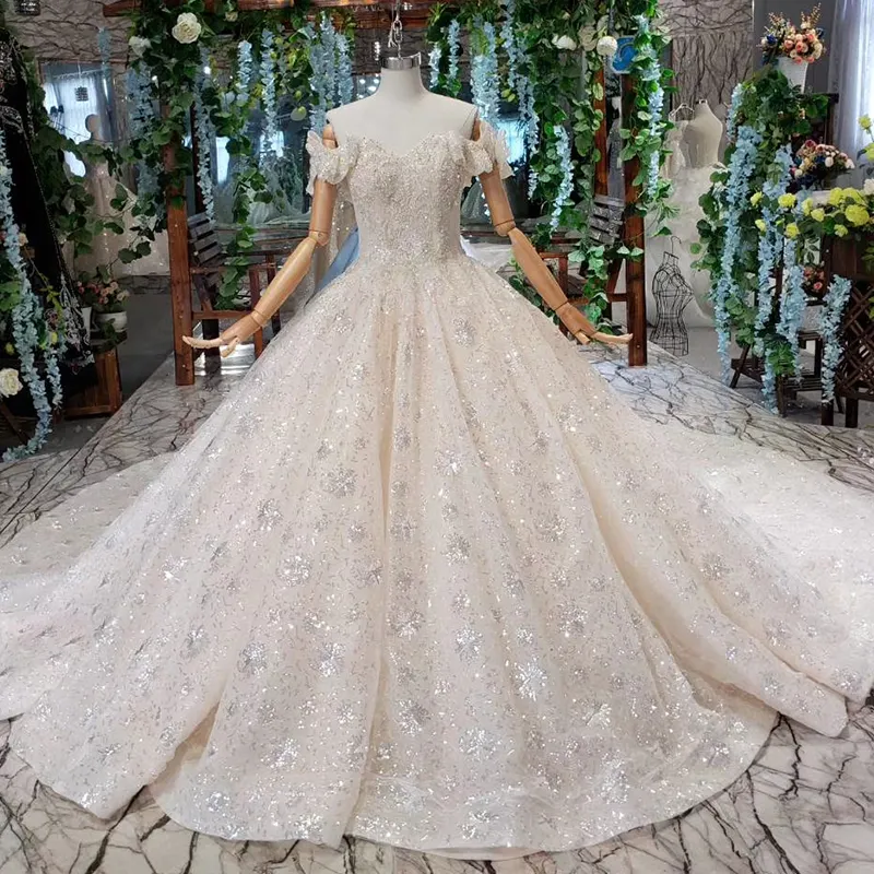 Htl461 vestidos de noiva de renda, luxuosos, gola em v, ombro fora, roupa de casamento