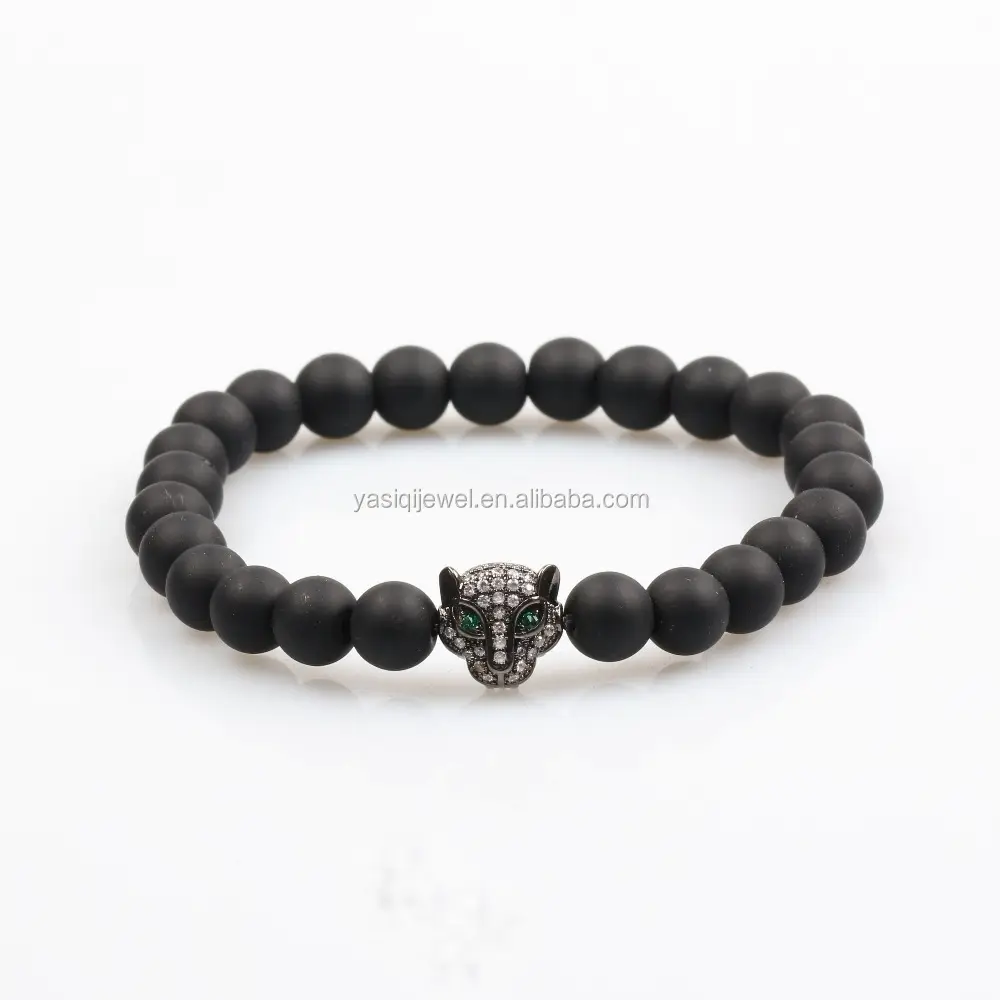 USA Style Black Rodium Black Panther y Matte Black Onyx Beaded Bracelet Mens