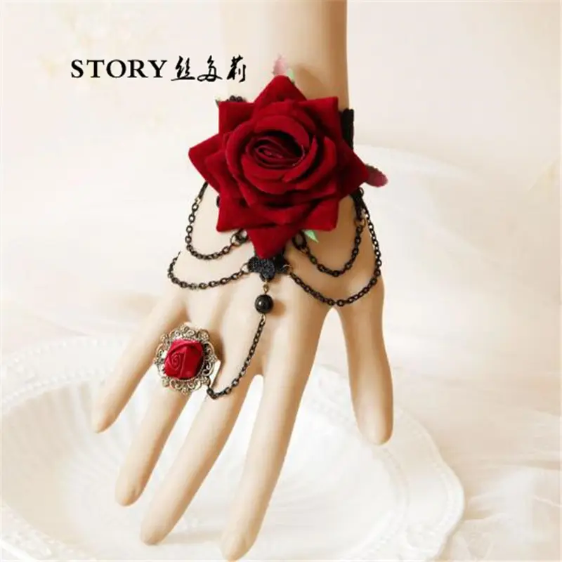 Baroque vampire halloween gothic lace rose flower cuff rhinestone ruby hand finger chain link ring slave bracelet