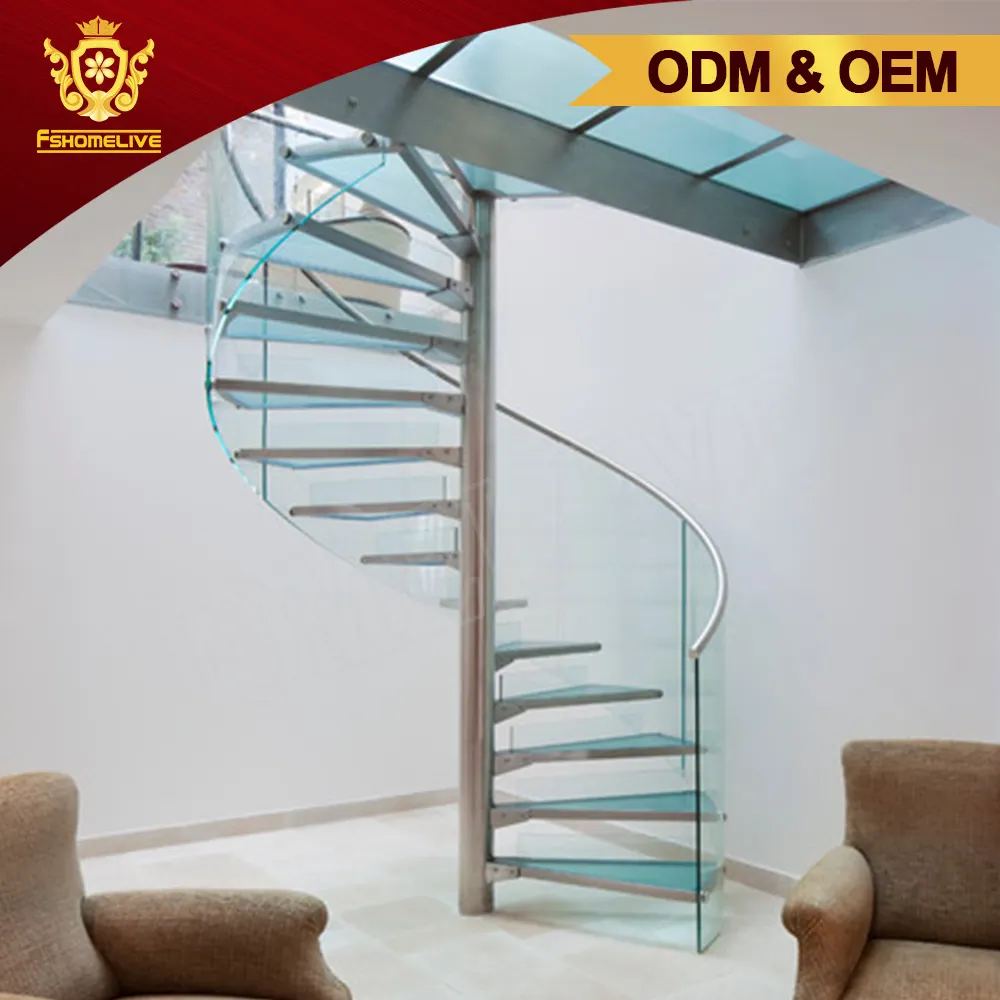 Maßge schneider tes Design im Inneren Gebrauchtes Metall glas Runde geformte schwimmende Treppe Innen gehärtetes Glas Gebogene Wendeltreppe