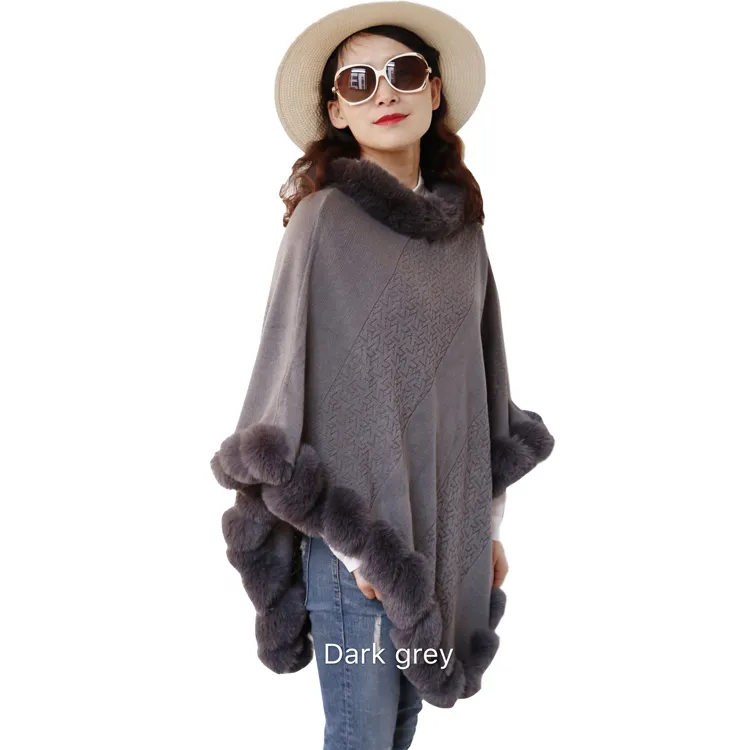 Poncho acrílico suave y cálido para mujer, Poncho de punto con adorno de piel sintética, Popular, Oem, para invierno