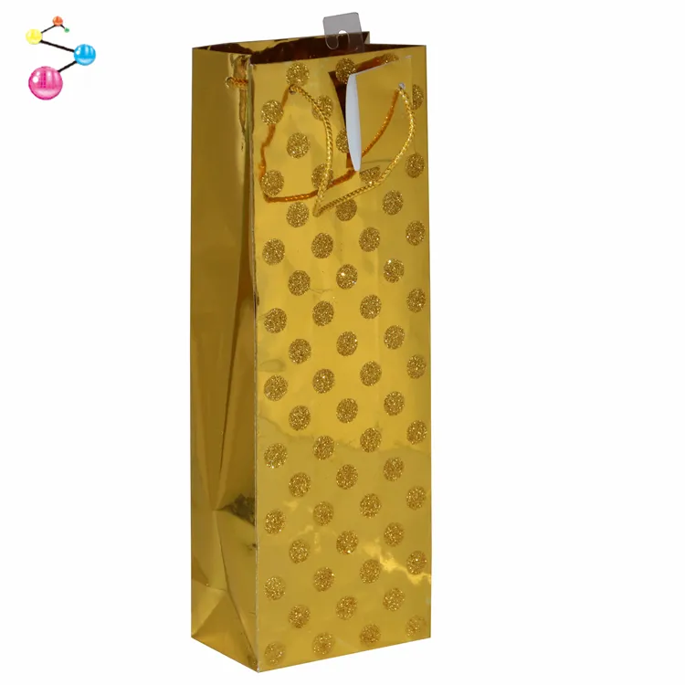 Espléndido de arte recubierto amarillo brillo portador de la botella de vino de papel de regalo de oro de papel de aluminio holográfico de la bolsa de papel
