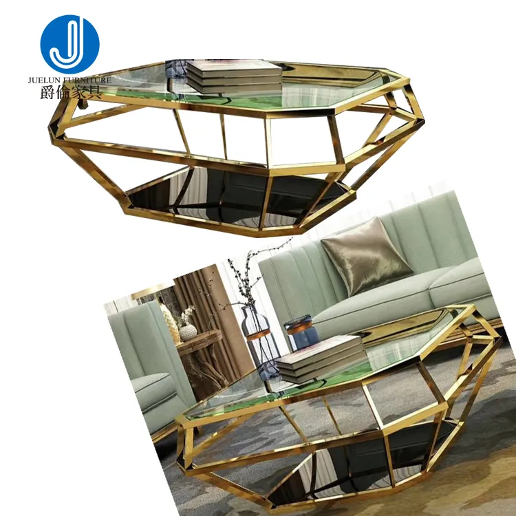 Mesa de centro de cristal de acero inoxidable, muestra gratuita de muebles para el hogar y la sala de estar, sin círculo plegado, metal dorado