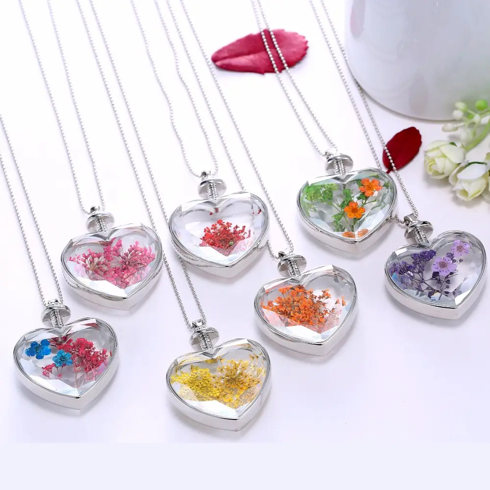 Wholesale heart Real Dried Flower Floating Charm Locket Pendant Necklace