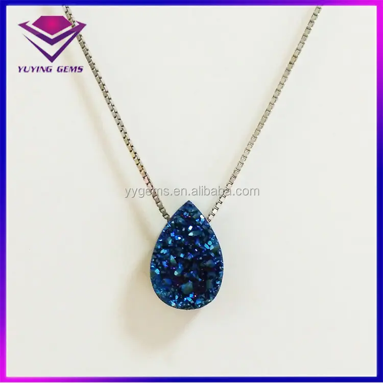 Elegante druzy Sterling 925 azul teardrop colgante collar plata mayorista