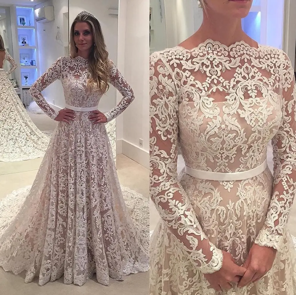 Vestido de novia de manga larga de línea A de encaje de madrina Vintage