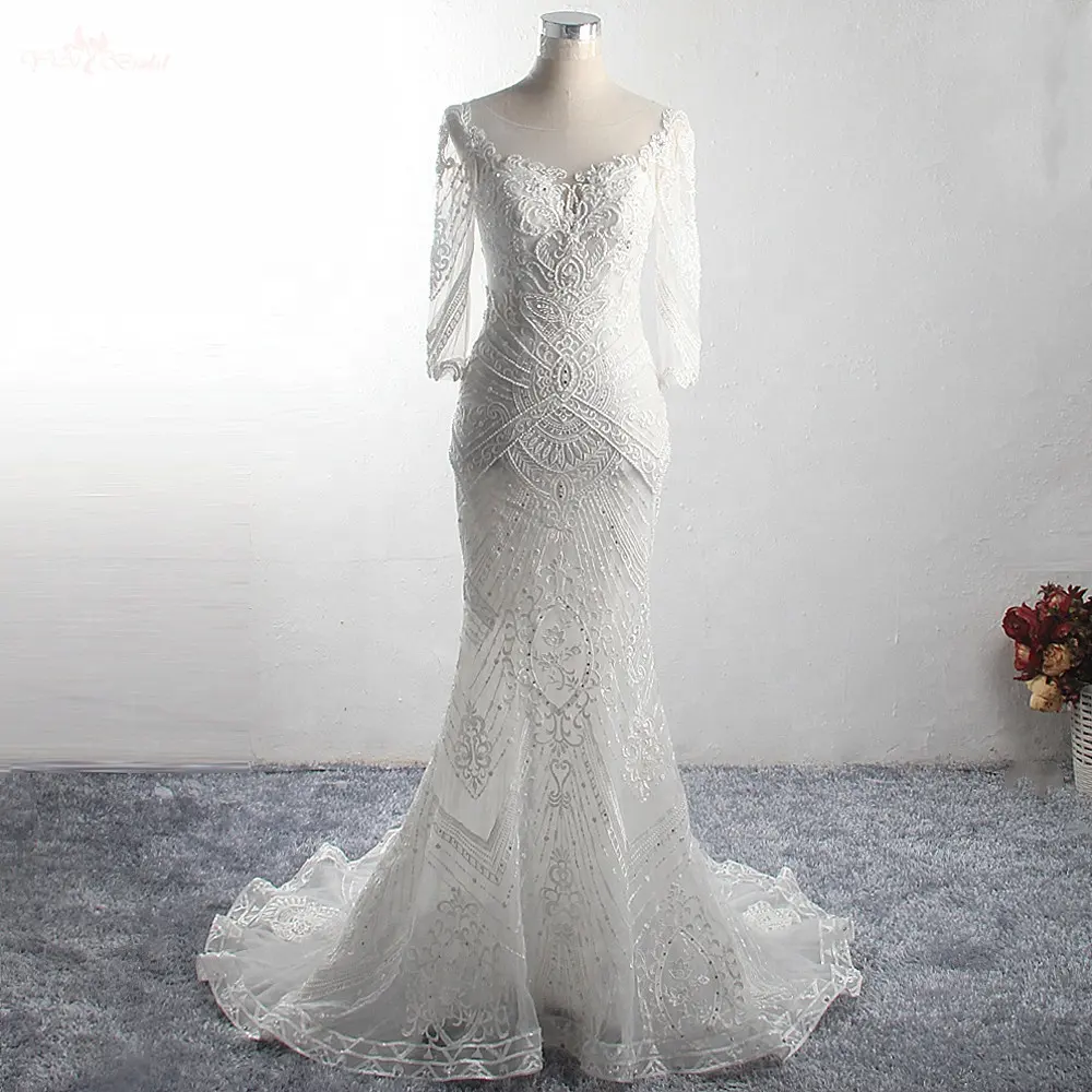 LZ331 Yiai Design abito da sposa a sirena senza schienale con maniche a tre quarti di alta qualità 2019 abiti da sposa con perline pesanti in pizzo unico