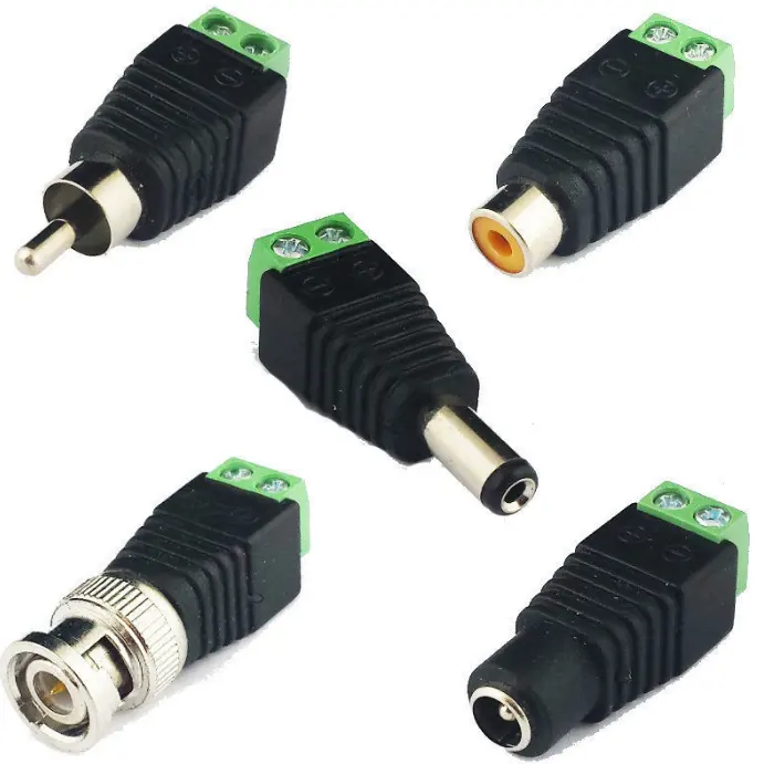 Conectores de cámara CCTV 2,1mm DC, RCA Phono, conector BNC y conexión de Cable de enchufe