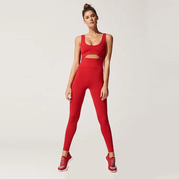 Plain red girls sexy jumpsuit yoga wear U neckline cut out front low V back one piece sports tights workout set