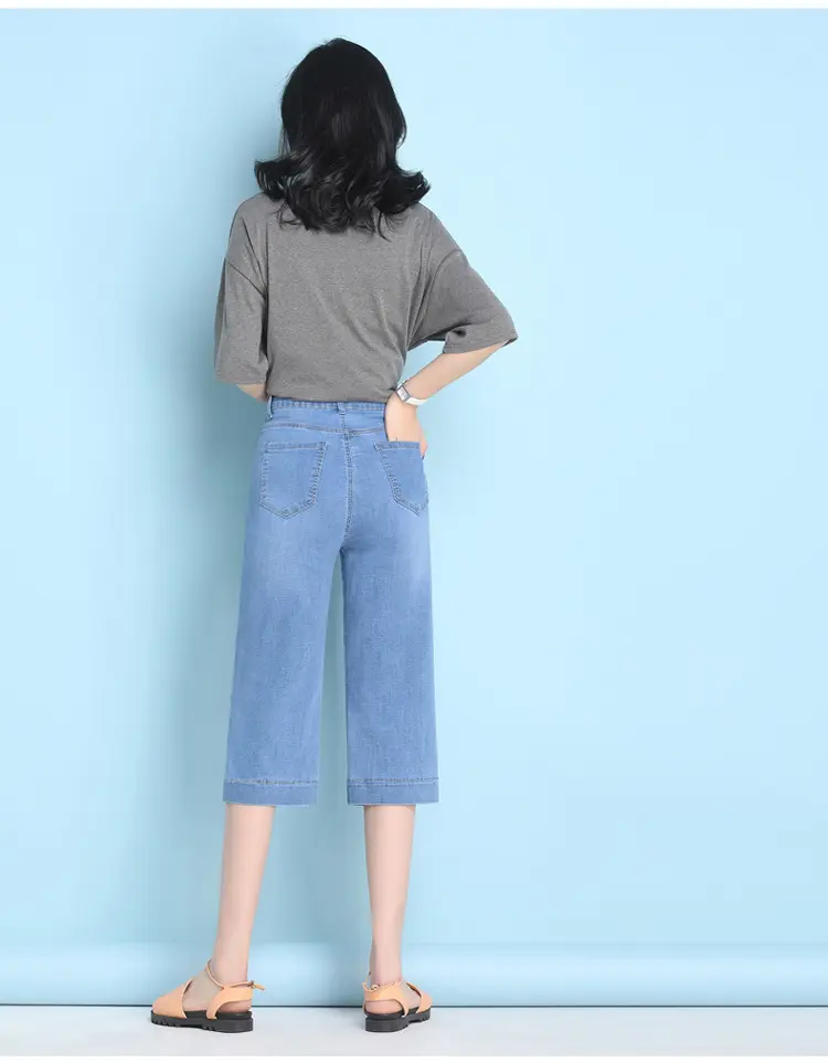 Versión coreana de suelto moda alta cintura pierna ancha casual siete puntos de mujer jeans vaqueros Mujer