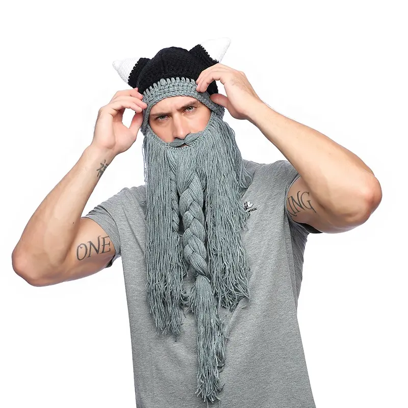 Invierno cálido cumpleaños Regalos Cool Halloween tapa vikingo saqueador Beanie la barba del de punto con cuernos hecho a mano del sombrero del ganchillo