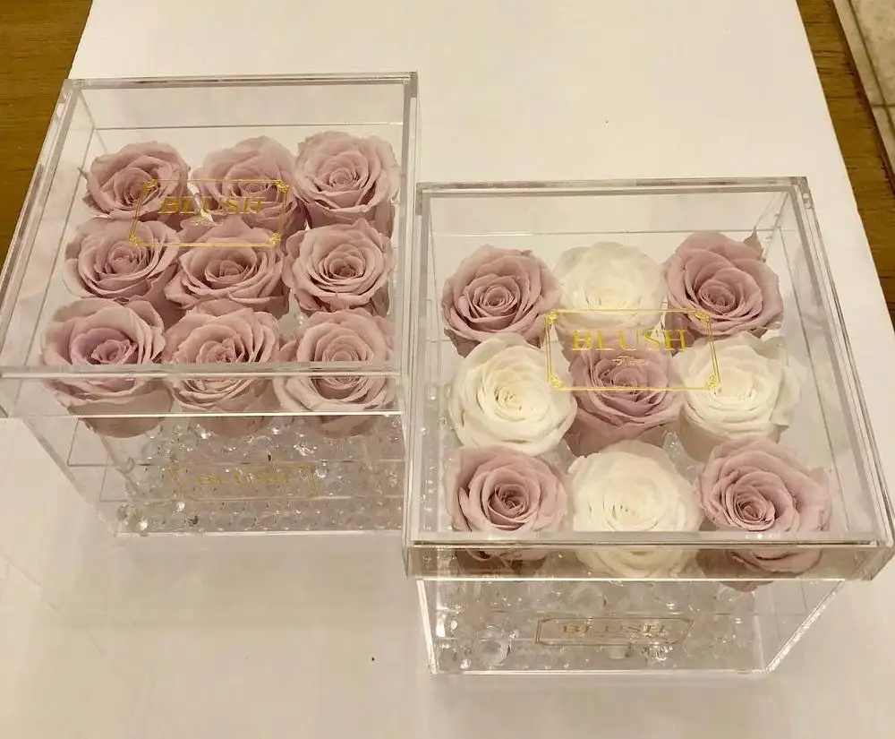 9หลุมอะคริลิคใสดอกไม้กล่องสแควร์กุหลาบกล่องงานแต่งงานดอกไม้กล่องของขวัญ