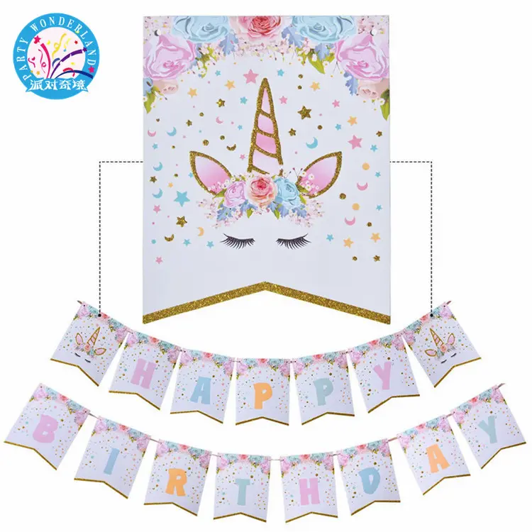 Glittering unicorno buon compleanno baby shower bambini del partito decor cartoon bunting banner bandiere unicorno favori di partito forniture bandiera