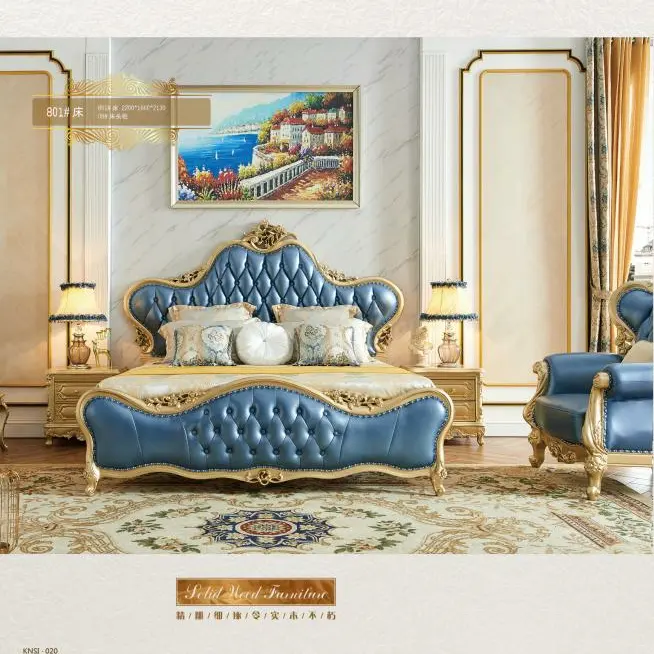 Il letto king size in legno reale progetta il set di camere da letto di design di lusso con rivestimento in vera pelle di legno