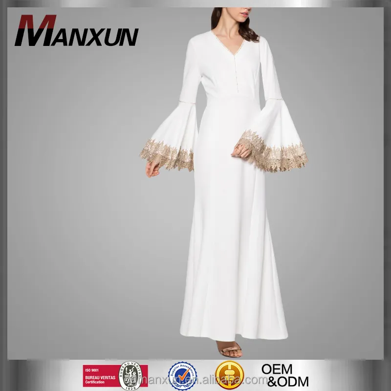 Vestido de sereia kaftan com bordado, vestido de sereia de renda, mangas compridas, linha a, branco, 2016
