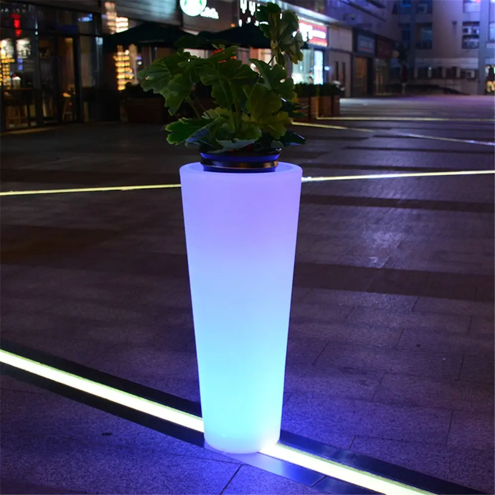 Grand pot de fleur lumineux à LED de forme ronde, lampes solaires de jardin, lampadaire d'extérieur, jardinière à led