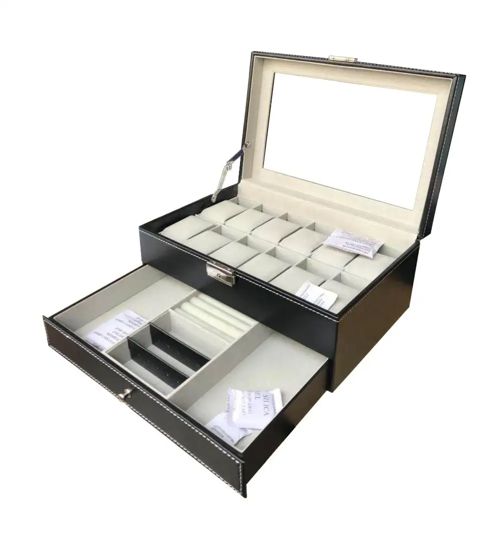 Commercio all'ingrosso nero 2 strati multi-funzionale MDF in similpelle di grandi set di gioielli e orologio scatola di immagazzinaggio con finestra in acrilico
