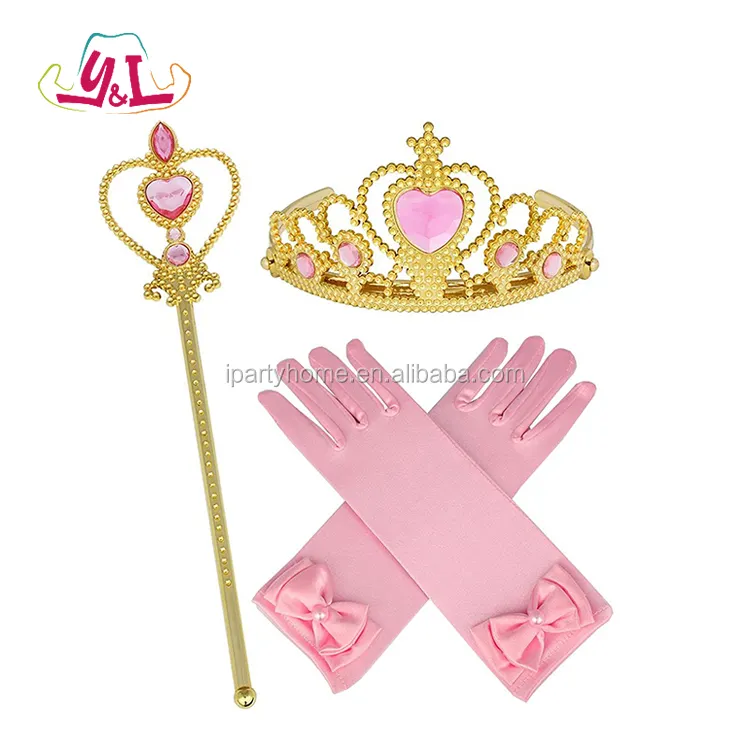 Accessoires d'habillage de princesse pour filles 3 pièces rose doré ensemble cadeau gants de princesse, couronne de diadème et baguette fantaisie