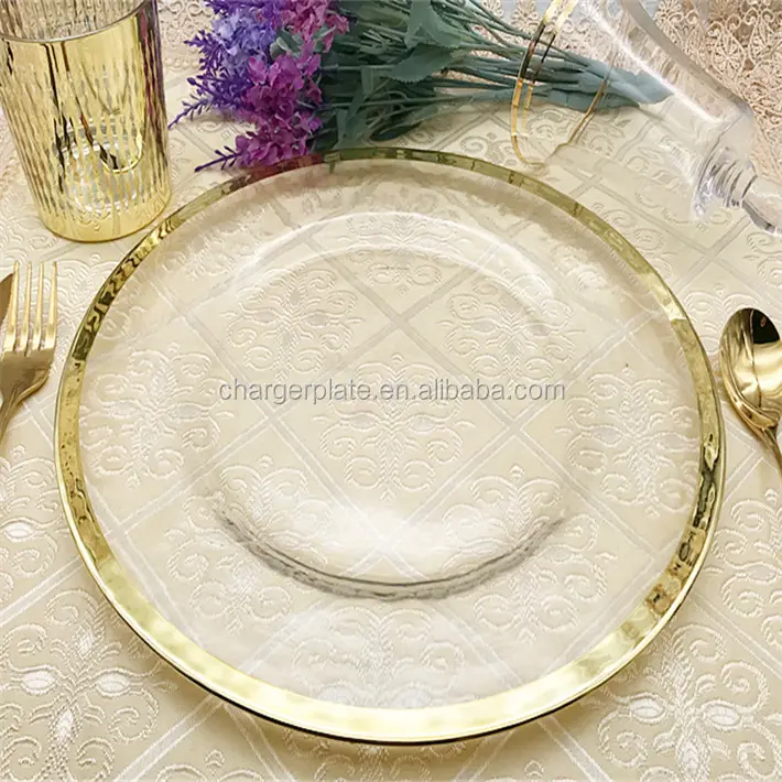 Plaque de chargeur en verre et à jante métallique, couleur or, argent, violet et vert, pour les événements, mariage, noël