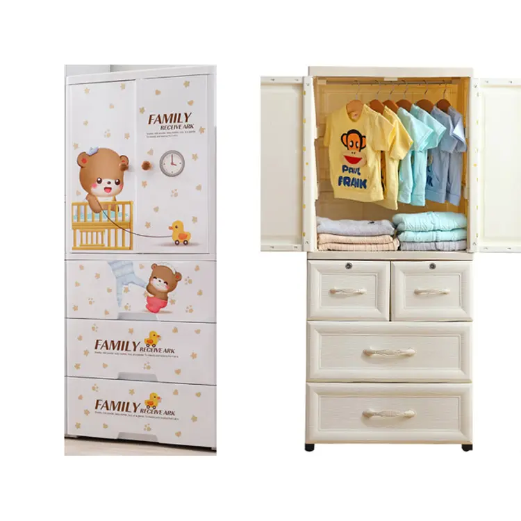 Urso de desenhos animados crianças roupas srorage, armário, gabinete de plástico, 4 camadas, gaveta com 2 portas abertas