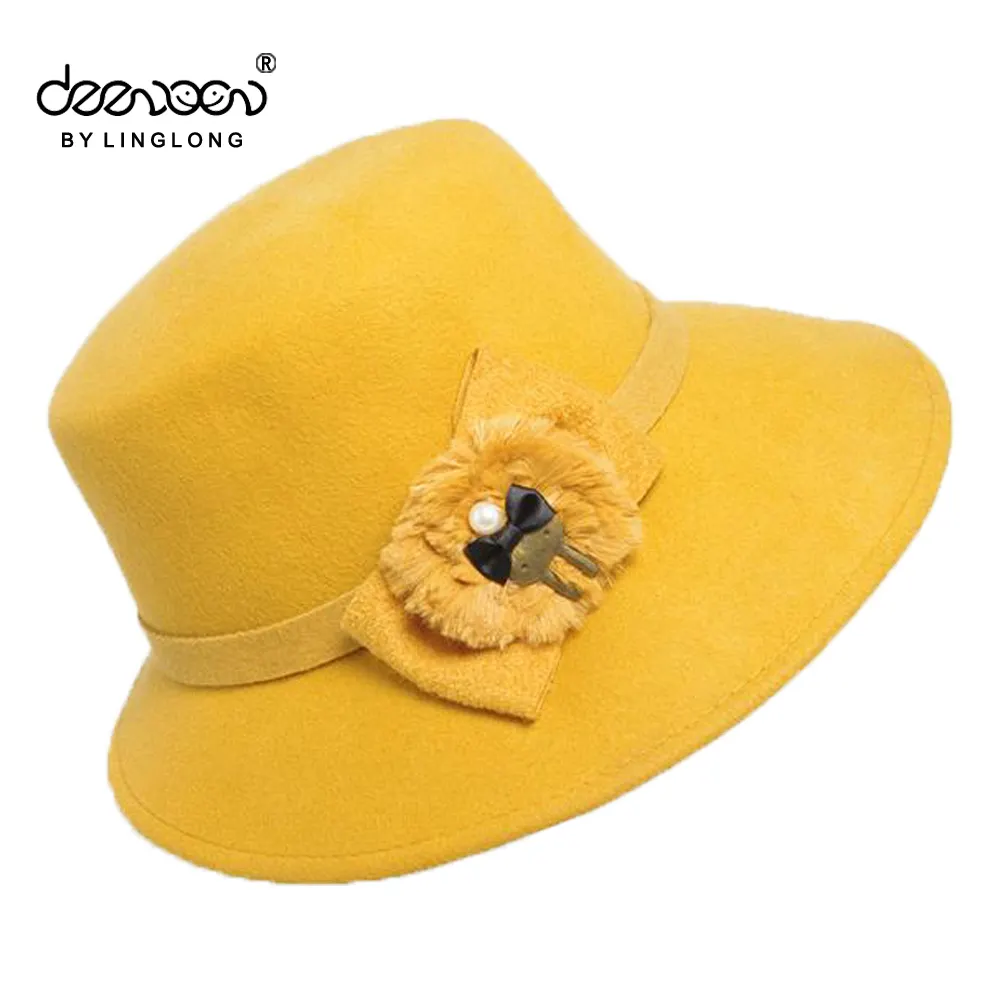 Yellow Cloche Hats Winter Wool Felt Hats Decorated Young Girls Woolen Cloche girls party dresses