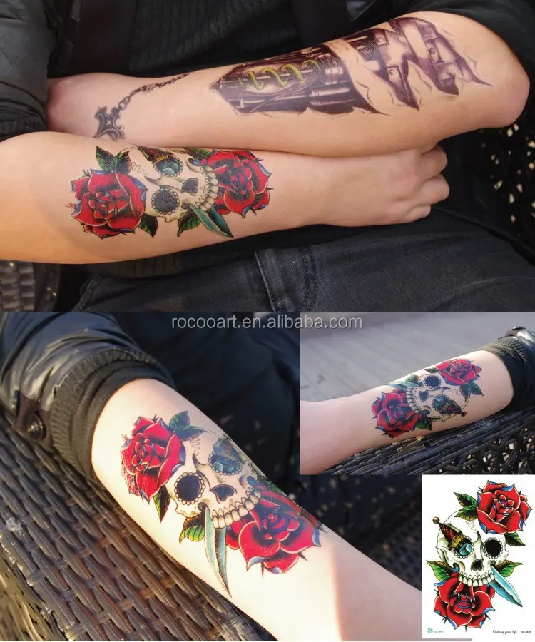SC904/Human Body Art große Blume mit Schädel Tattoo Designs temporären Aufkleber groß