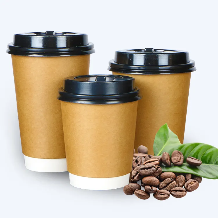 Double Wall Cup Kraft Paper for Hot Coffee with Plastic Cover Customization Printing 8oz 12oz 16oz Craft Paper Customized Drink