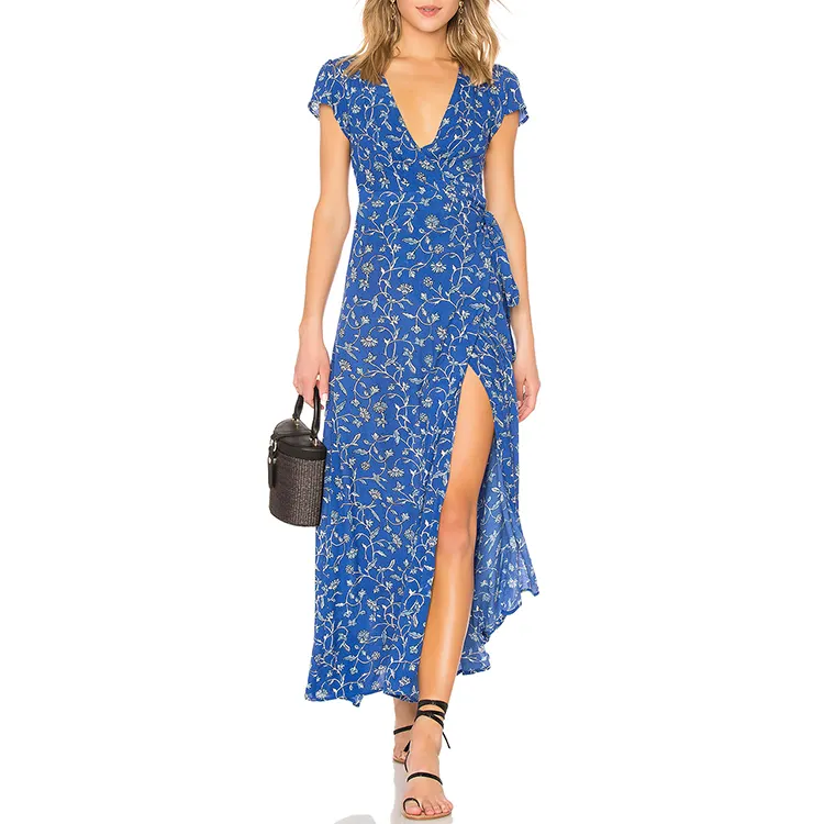 Nuevo estilo de las mujeres casuales azul maxi estampado floral vestido largo