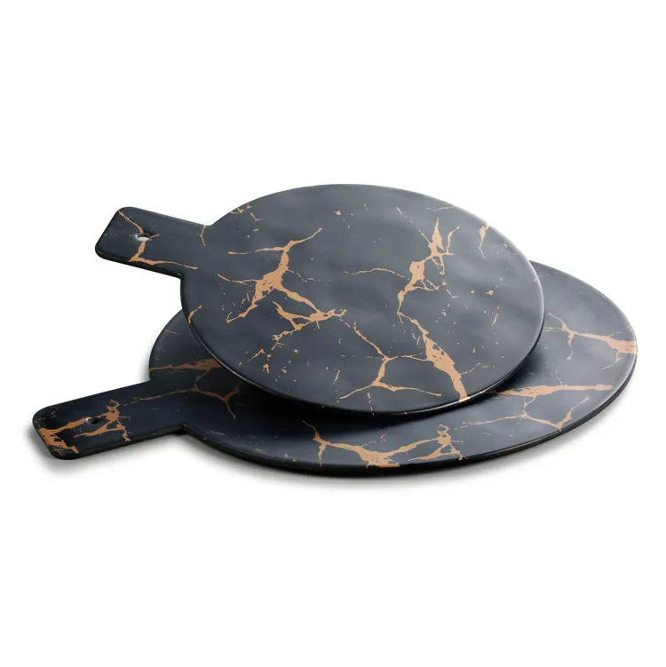 New design reusable black marble melamine pizza serving tray with handle