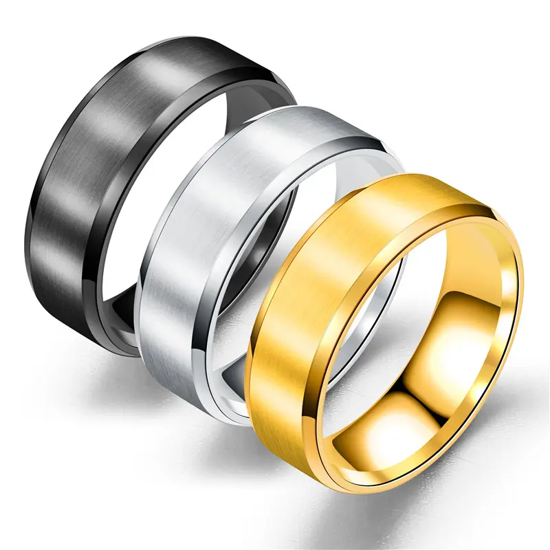 Anillos de acero inoxidable de 8MM de ancho, en blanco, plata, oro, negro, anillo de dedo chapado
